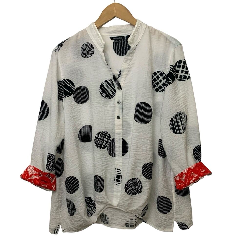 John Mark Top Women Size XL Black Dots Roll Sleeve Button Art to Wear Artsy